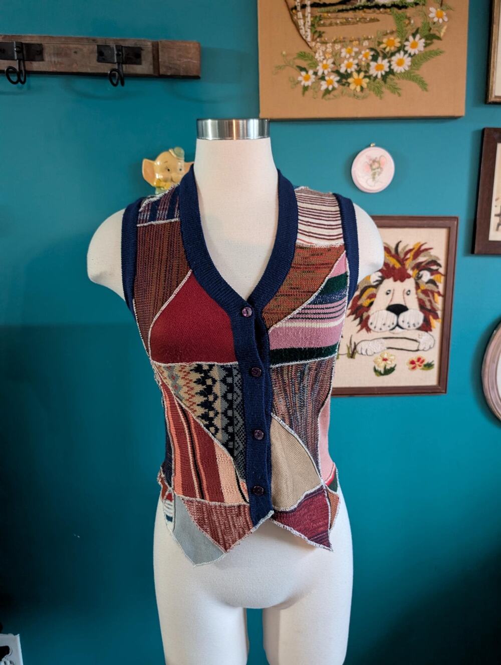 Vintage 70s patchwork knit sweater vest groovy hippie boho size small